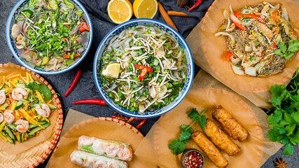 Assorted asian dinner, vietnamese food. Pho ga, pho bo, noodles, spring rolls, salad with shrimps...