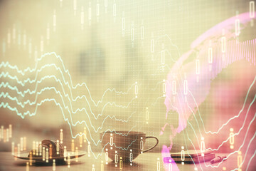 Double exposure of forex chart over coffee cup background in office. Concept of financial analysis and success.