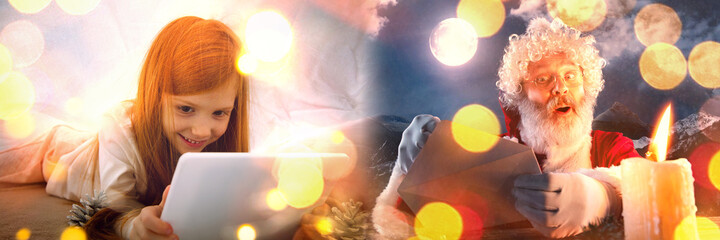 Comfort. Happy caucasian little girl during video call with Santa Claus on the laptop's screen and home devices, looks dreamful. Celebration or ad flyer with copyspace. New 2021 Year meeting.