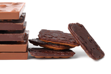 Chocolate bars with nuts and chocolate chip cookies closeup on white isolated background with cutout
