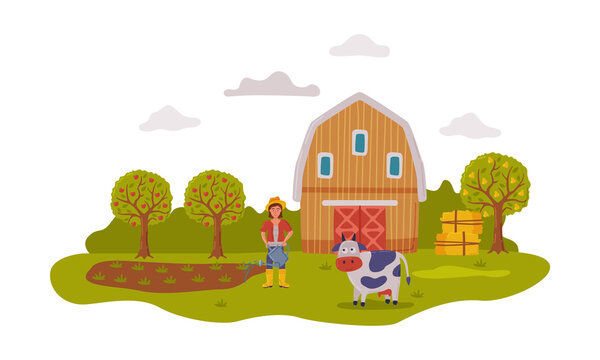 Farm Scene with Barn, Female Farmer and Livestock, Summer Rural Landscape, Agriculture, Gardening and Farming Concept Cartoon Style Vector Illustration