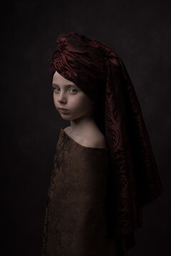 renaissance studio portrait of a girl with a turban in classic painterly rembrandt style