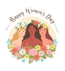 Happy Women's day greeting card. Vector illustration of three young diverse women's portraits in flowers in trendy flat style. Isolated on white
