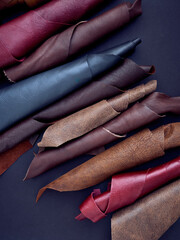Swatch of leather textile in various colors on dark background