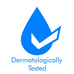 Logotipo con texto Dermatologically Tested con silueta de gota con símbolo aprobado en color azul