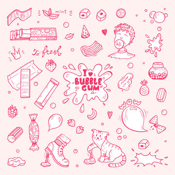 Vector Bubble Gum Set. Hand Drawn Doodle Chewing Gums and Candy. Sweets.
