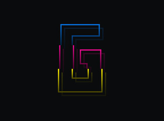 G letter font, vector desing logo.Dynamic, split-color, blue, pink, yellow on black background. Eps10 illustration
