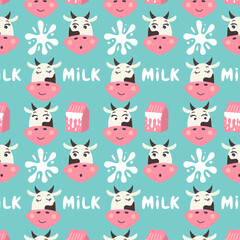 Cow face pattern with milk carton. Milk white and blue background. Vector modern repeating digital paper