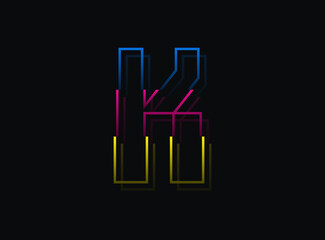 K letter font, vector desing logo.Dynamic, split-color, blue, pink, yellow on black background. Eps10 illustration