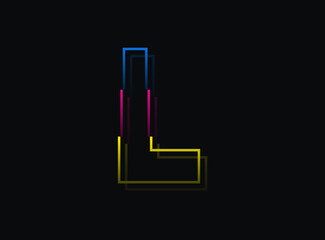 L letter font, vector desing logo.Dynamic, split-color, blue, pink, yellow on black background. Eps10 illustration