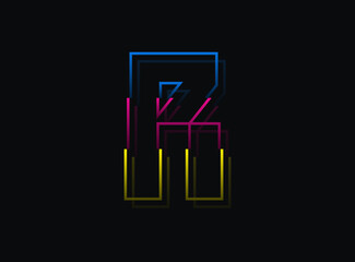 R letter font, vector desing logo.Dynamic, split-color, blue, pink, yellow on black background. Eps10 illustration