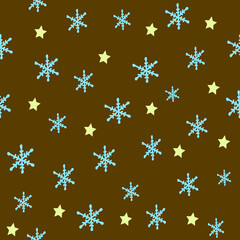 Seamless pattern with snow and hand drawn snowflakes and stars on violet background,christmass and new year illustration for wrapping paper,packaging design and printing on fabric , world snow day