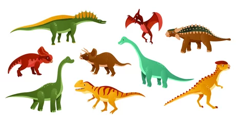 Fotobehang Dinosaurussen Kleurrijke dinosaurussen cartoon karakter illustratie. Jurassic dinosaurussen zijn afgebeeld op een witte achtergrond. vector illustratie