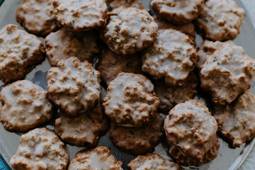 homemade gingerbread baked cookies with glazing sugar closeup photo german traditional biscuits for christmas time