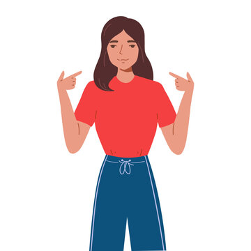 Smiling young woman showing on her self with her fingers. Girl points out on herself with hand gesture. Concept of self-love and self-acceptance. Flat cartoon illustration