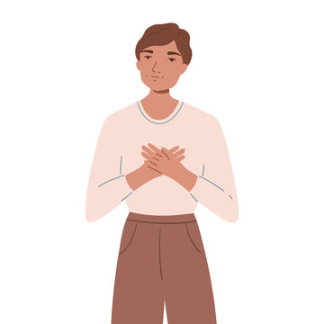 Smiling happy man holding hands on his chest. Concept of self-love and self-acceptance. Young guy shows support and understnading. Flat cartoon illustration isolated on white background