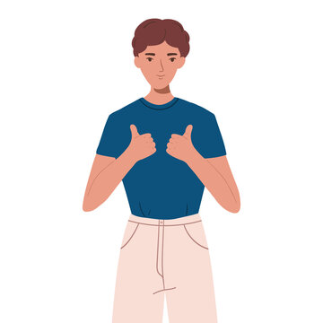 Cheerful man with showing thumbs up. Young guy expresses support and approval with hand gesture. Flat cartoon illustration