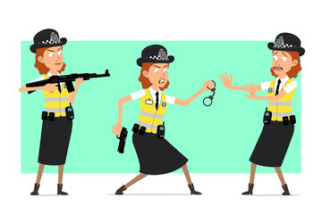Cartoon flat funny british police woman character in yellow jacket with badge. Girl shooting from rifle and holding handcuffs. Ready for animation. Isolated on green background. Vector set.