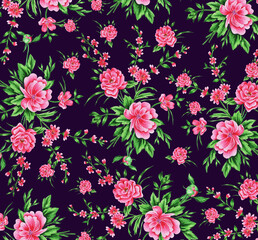 Flower pattern. Pink  bouquets peonies on dark background. Idea for textiles, prints for clothes and other.  Watercolor. Illustration. Hand drawn.