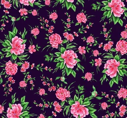  Flower pattern. Pink  bouquets peonies on dark background. Idea for textiles, prints for clothes and other.  Watercolor. Illustration. Hand drawn. © Mewlish art