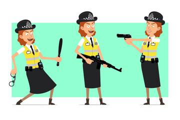 Cartoon flat funny british police woman character in yellow jacket with badge. Girl running with baton and shooting from pistol. Ready for animation. Isolated on green background. Vector set.