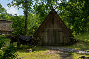 Characteristic stable for German moorland sheep with a straw roof  in the natural preserve Lueneburger Heide