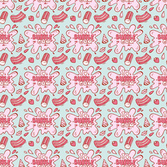 Naklejka premium Vector Sweets. Bubble Gum, Fruits, Berries Seamless pattern. Hand Drawn Doodle Chewing Gums. 