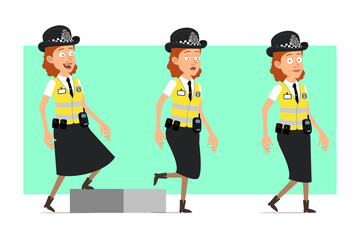 Cartoon flat funny british police woman character in yellow jacket with badge. Successful tired girl walking up to her goal. Ready for animation. Isolated on green background. Vector set.