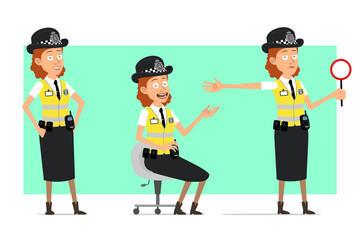 Cartoon flat funny british police woman character in yellow jacket with badge. Girl resting, showing warning and stop gesture. Ready for animation. Isolated on green background. Vector set.