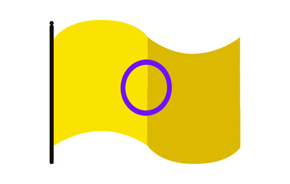 Vector illustration of waved intersex pride flag on white background: yellow flag with a purple donut-shaped circle. Intersex community symbol.
