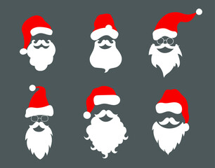 Set of faces of Santa Clauses isolated on gray background. Santa Claus installed the hat and beard. Merry Christmas card. Vector illustration