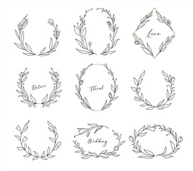 Set of hand drawn floral frames and wreaths. vector illustration isolated on white background