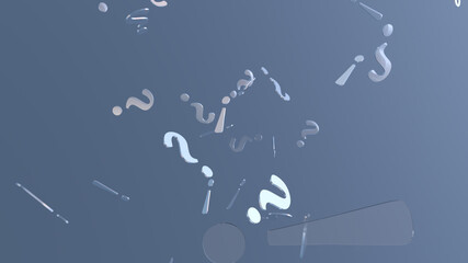 A background of question mark signs and symbols to illustrate learning, education, testing, quizzing, creativity and imagination. 3D rendering