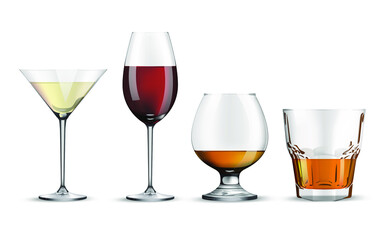 Set of glasses for spirits. Wine glasses whiskey rum and cocktails isolated on white background. Vector illustration.