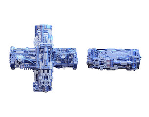 Plus, minus 3D logo. Cyber technology texture alphabet font. Techno sci fi style ABC typeface 3d negative, positive math symbols. Hi tech metallic plus minus typographic character design illustration