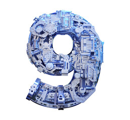 Number 9 3D logo. Cyber technology abstract texture alphabet font. Techno sci fi style ABC typeface 3d numeral symbol nine isolate. Hi tech metallic number 9 typographic character design illustration