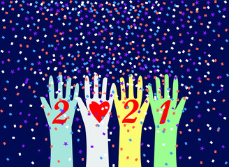 Fototapeta na wymiar Happy New Year 2021 postcard with friendship love diversity unity victory celebration abstract backgrounds
