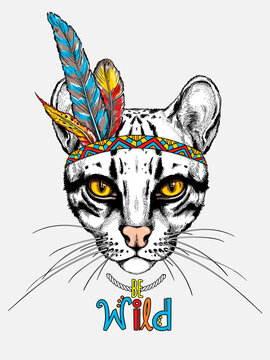 Cute ocelot with accessories in ethnic style. Boho style ocelot sketch. Be wild illustration. Animal in indian headdress. Stylish image for printing on any surface