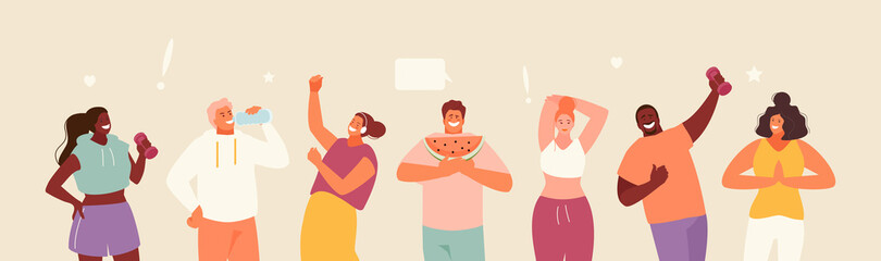 People healthy lifestyle concept. Good habits. Sport, proper nutrition, positive vector illustration