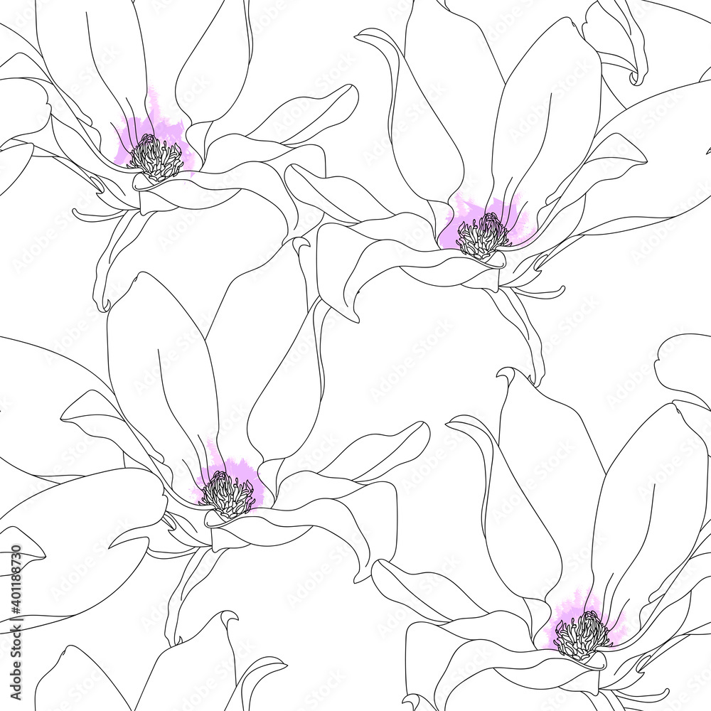 Wall mural Seamless pattern with magnolia. Hand drawn floral background. Artwork for textiles, fabrics, souvenirs, packaging and greeting cards.