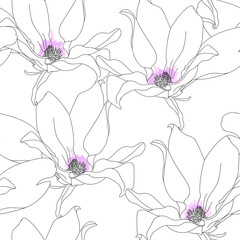 Seamless pattern with magnolia. Hand drawn floral background. Artwork for textiles, fabrics, souvenirs, packaging and greeting cards. © marymyyr