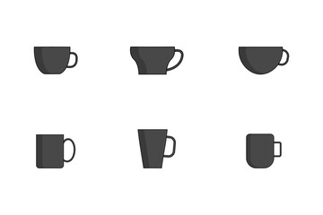 set of silhouette tea cups, coffee mugs vector icon with round bottom cups, flat bottom cups, flat bottom mugs, round bottom mug illustration.  
