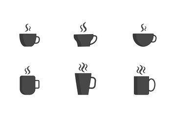 Set of silhouette tea cups and coffee mugs steam with stroke,  vector icons with round bottom cup, flat bottom cup, flat bottom mugs illustration. 
