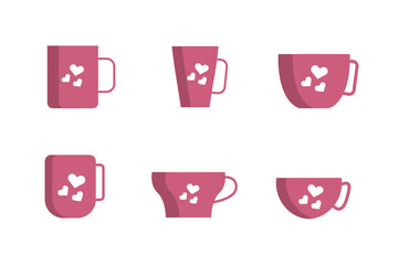 set of tea cups and coffee mugs fill style vector icons with round bottom and flat bottom cups editable vector illustration for decoration, coloring book, stickers.  
