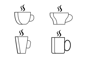Set of  tea cups and coffee mugs steam with stroke, flat and  outline style vector icons with round bottom cup, flat bottom cup, flat bottom mugs illustration. 
