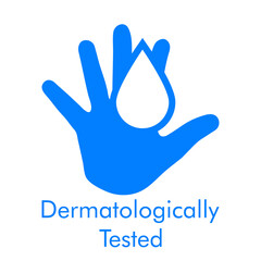 Logotipo con texto Dermatologically Tested con silueta de mano con gota en color azul