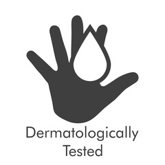 Fototapeta premium Logotipo con texto Dermatologically Tested con silueta de mano con gota en color gris