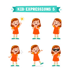 cute little kid girl in various expressions and gesture set