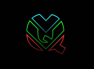 Q letter font, vector desing logo. Dynamic, rgb split-color, red, green, blue on black background. Eps10 illustration