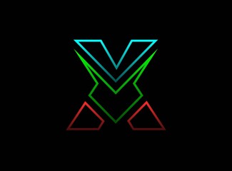 X letter font, vector desing logo. Dynamic, rgb split-color, red, green, blue on black background. Eps10 illustration